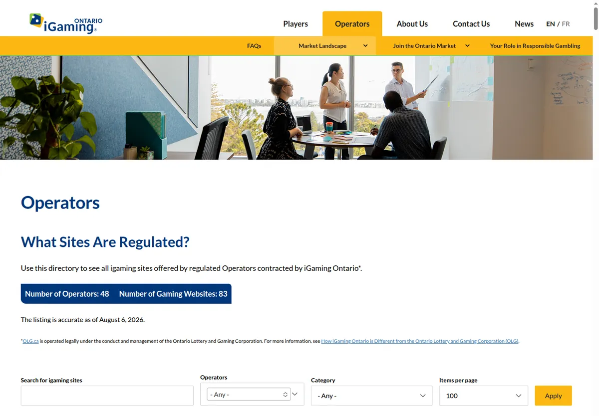 The iGaming Ontario operator register, listing gaming sites beside the company that runs each one