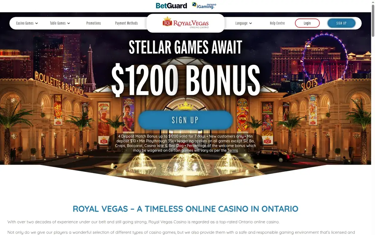 The Royal Vegas Ontario page