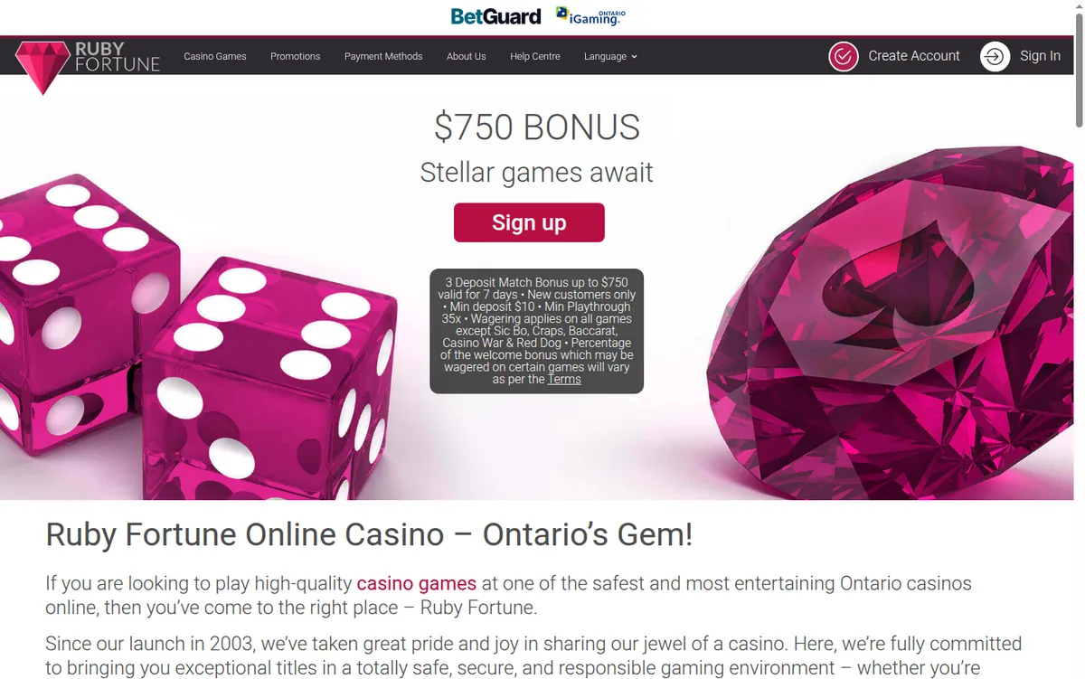 The Ruby Fortune Ontario page